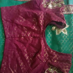 Green Lengha Type Saree With Purple Embroidery