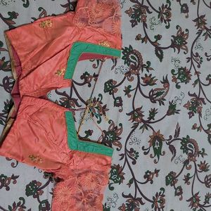 Orange And Green Combination Half Saree