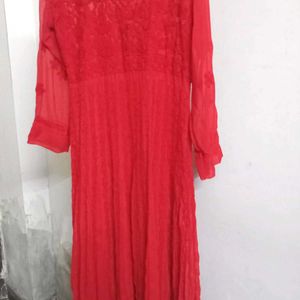 Red Chikankari Georgette Anarkali Kurta With Inner