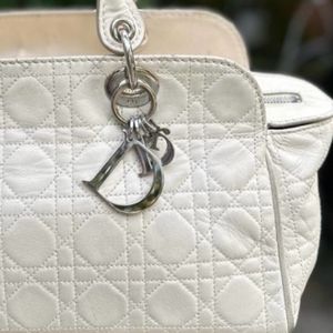 Auth Dior Cream Leather Cannage Top Handle Bag