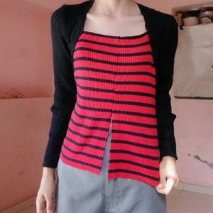 Korean Contrast Sleeve Knitted Top