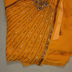 Mango Yellow Saree With Stitched Blouse
