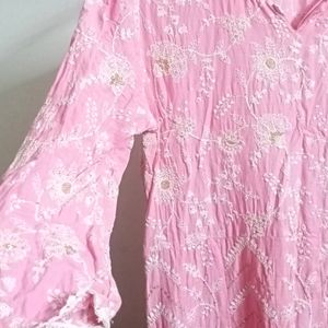 White-Gold Embroidery Pink Anakarkli Cotton Kurta