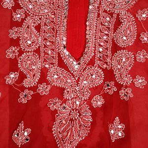 Red Mirror Work Chikankari Kurti