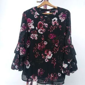 Red Tape Black Ruffle Sleeve Floral Top