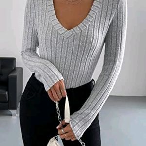 Korean Crochet Silver V Neck Pullover Top