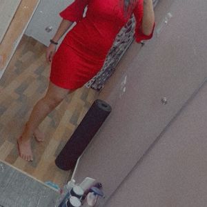 Pinkish Red Bodycon Dress With Peral Neckline