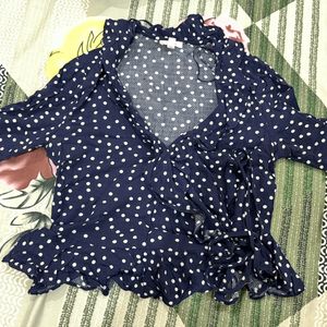 Wrap Top Blue Polka Dots..