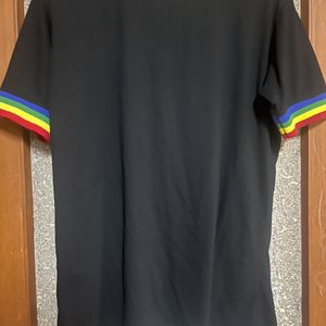 black t shirt multiple coloured colar sleeve