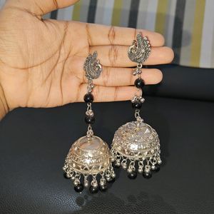 Lightweight German Silver Jhumkies With Black Bead