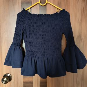 Navy Blue Smocked Peplum Top(Women)