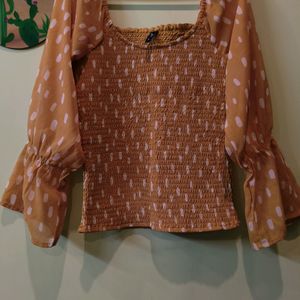 Polka Dot Print Top With Bishop Sleeves