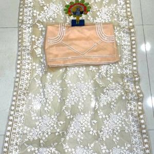 Net White Embroidery Work Saree With Blouse