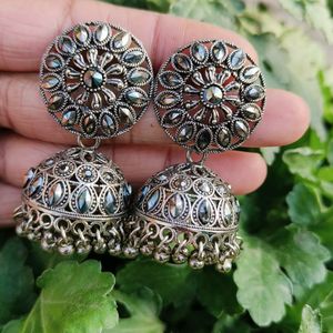 Silver Oxidised Jhumka And Dangler