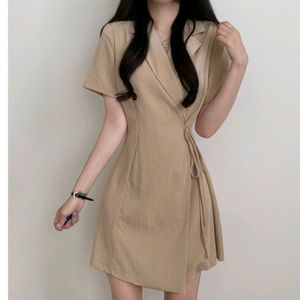 Korean Linen Wrap Short Sleeve Dress