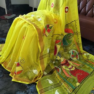 Yellow Handprinted Kota Cotton Saree