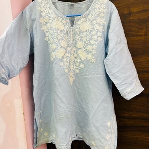 LIGHT BLUE COTTON SHORT KURTI