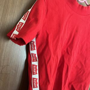 Red Top With Levis Strip At The Sides Turtle Neck