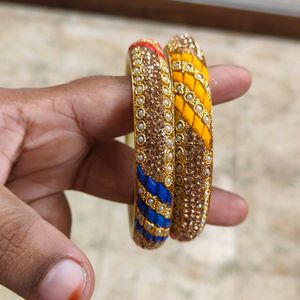 Pair Of Multicolour Bangles And Pink Earrings