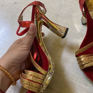 Red N Golden Ethnic Heels