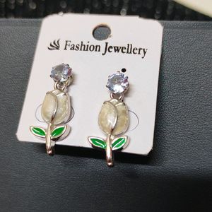 White Rose Earrings With Stone