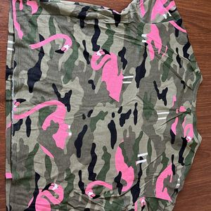 Green Army Print With Pink Flamingos T-shirt