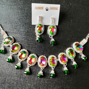 Multicolour Kundan Necklace With Earings