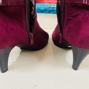 Maroon Pointed Heels Boots WIth Zip