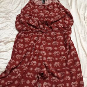 Elephant Printed Maroon Jumpsuit Dress (Women)