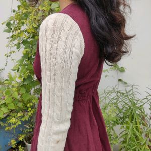 Woolen Mini Dress Crochet Sleeves