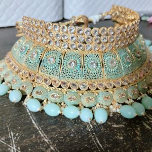 Mint Green Choker Set With Earrings And Mang Tika