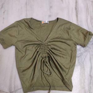 Olive Green Soft Material Knot Crop Top