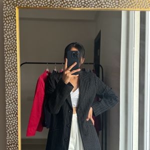 Single Breasted V Neck Pinstripe Long Blazer