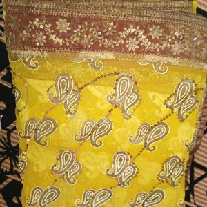 Tissue Yellow And Brown Gold Saree