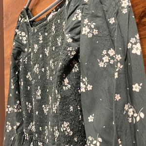 Dark Green Flared Floral Print Dress By Pantaloons