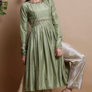 Olive Pleated Kurta-XS