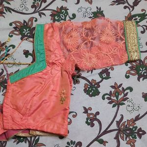 Orange And Green Combination Half Saree