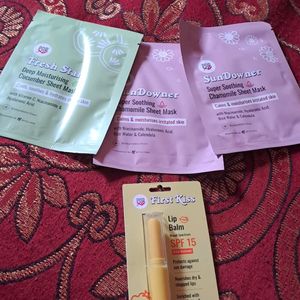 3 Myglamm Sheetmasks.  1 Lip Balm