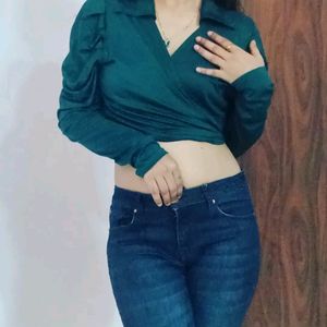 Bottle Green Wrap Up Puff Sleeve Crop Top