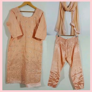 Peach Color Silk Suit Pant Dupatta Set