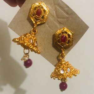 New Ruby Polka Drop Golden Earrings