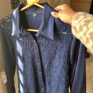 Lace Front Midnight Blue Button Down Blouse