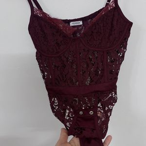 Burgundy Lace Detail Fitted Bodysuit