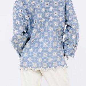 Zara Blue And White Embroidered Top Size :M