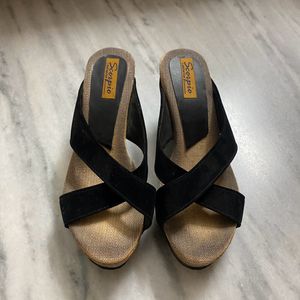 Black Crisscross Suede Wedges