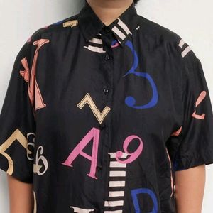 Alphabet and Numbers print fun button shirt