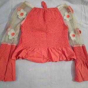 Ruffle Net Top Coral Colour