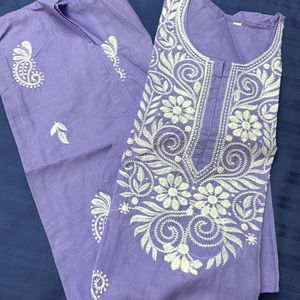 Cotton Lavender  Chikan Embroidery Work Kur