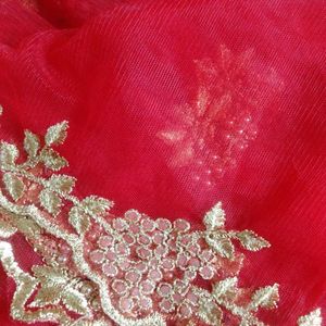 New Red Duppata With Gold Embroidery And Cut Work