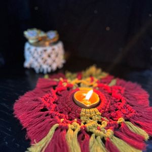 Handmade Macrame Rangoli And Tea Light Holder